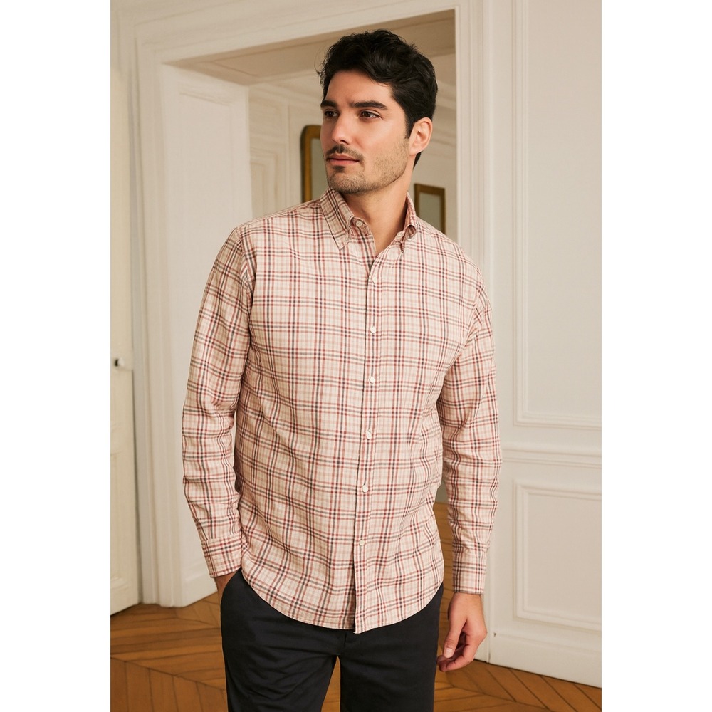 Peter Millar brown white and‎ red plaid cotton button down size large shirt